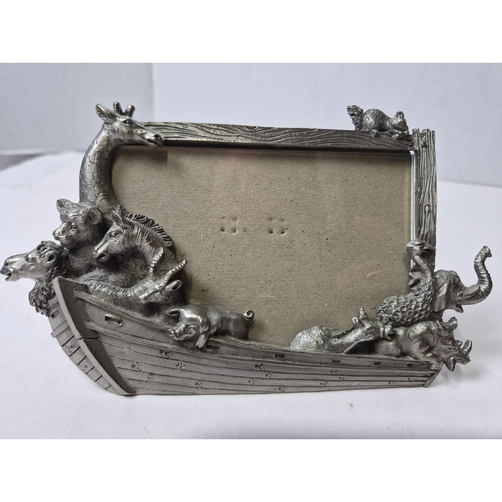 Vintage 1995 Perfect Noahs Ark Pewter Metal Picture Frame 3D Animals Silver Tone